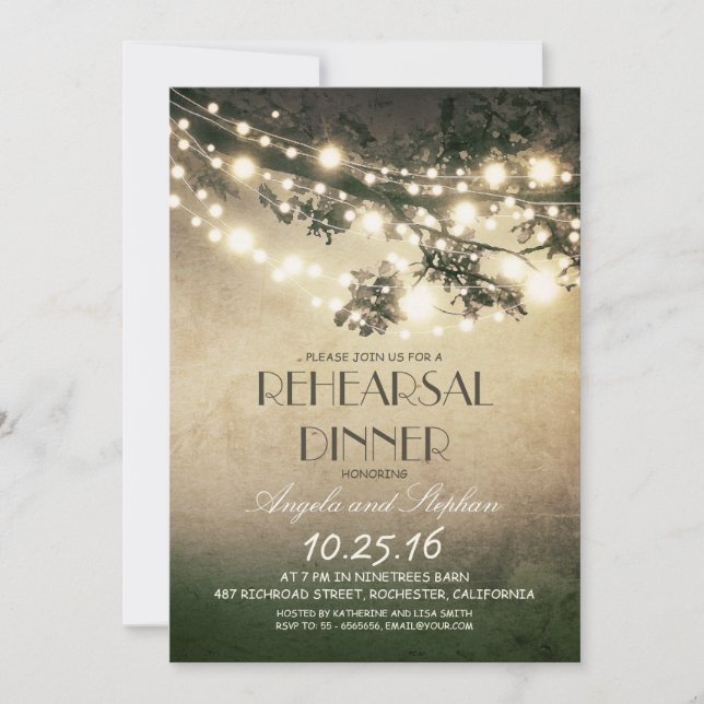 tree branches & string lights rehearsal dinner invitation (Front)