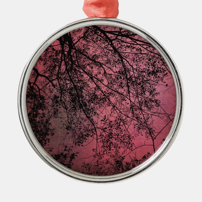 Tree Branchs Red Background Metal Ornament (Front)