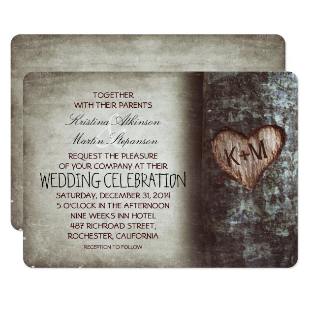 Tree Carved Heart Initials Rustic Country Wedding Invitation