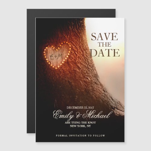 Tree Carved Heart Rustic and Vintage save the date Magnetic Invitation - Old vintage rustic tree save the date card with the carved wood heart and initials. for summer, fall, spring or winter wedding! Perfect design for the country wedding