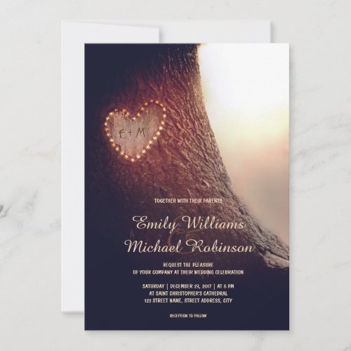 Tree Carved Heart Rustic and Vintage Wedding Invitation - Old vintage rustic tree wedding invitation with the carved wood heart and initials. for summer, fall, spring or winter wedding! Perfect design for the country wedding