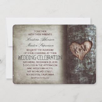 Tree Carved Heart Rustic and Vintage Wedding Invitation