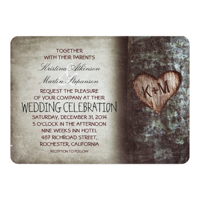 Tree Carved Heart Rustic and Vintage Wedding Invitation