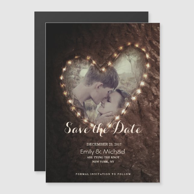 Tree Carved Heart Rustic save the date photo card (Front/Back)