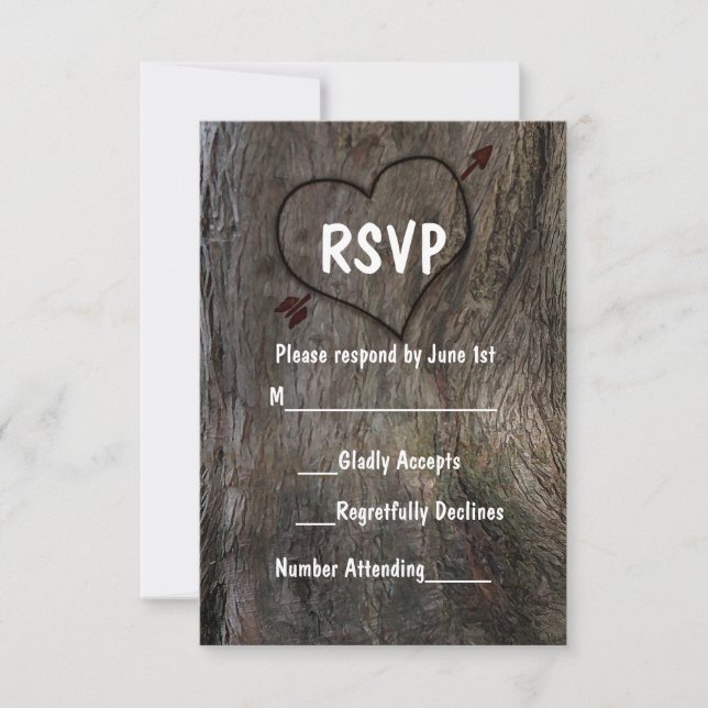 Tree + Carved Heart Rustic Wedding RSVP Card (Front)