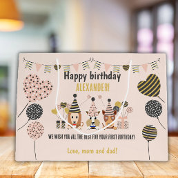 Tree cute dogs with party hats balloons Birthday Large Gift Bag