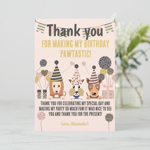 Tree cute dogs with party hats balloons Birthday Thank You Card