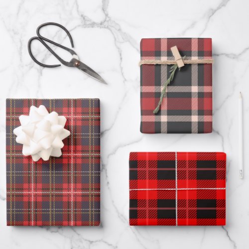 Tree different Christmas plaid red and black Wrapping Paper Sheets