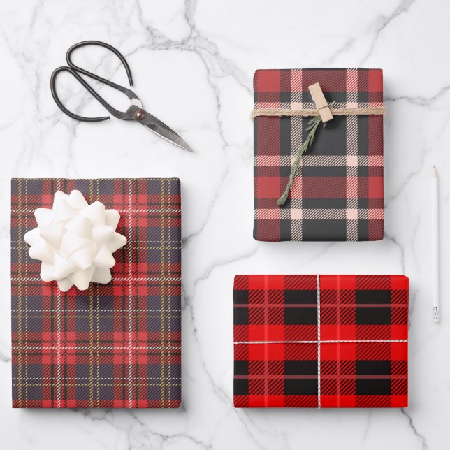 Tree different Christmas plaid red and black Wrapping Paper Sheets (Front)