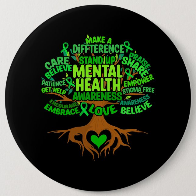 Tree Drawing Word Art Mental Health Awareness Wome Button (Front)