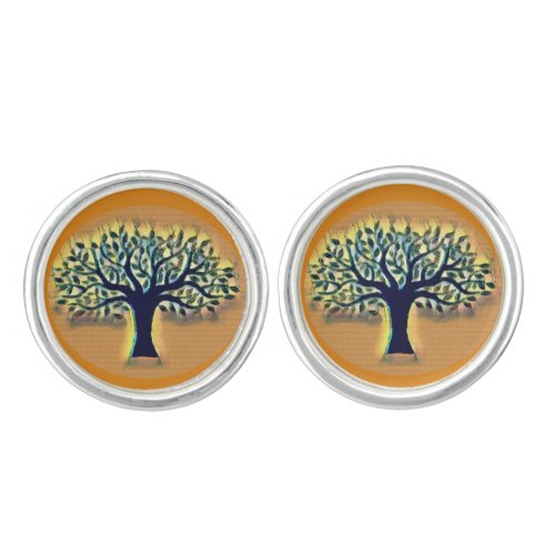 Tree faces yellow landscape watercolor  cufflinks