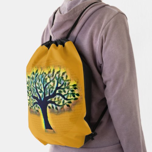 Tree faces yellow landscape watercolor  drawstring bag