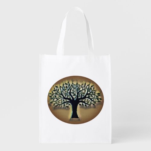 Tree faces yellow landscape watercolor  grocery bag
