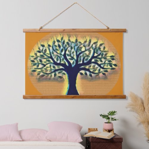 Tree faces yellow landscape watercolor  hanging tapestry