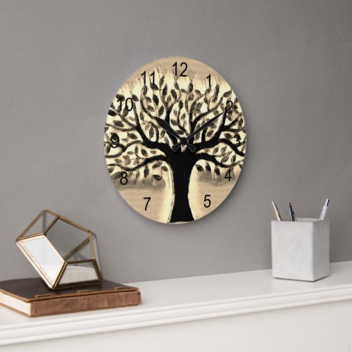 Tree faces yellow landscape watercolor  large clock