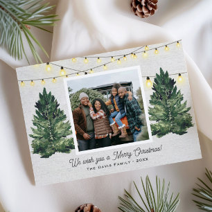 Tree Farm String Lights Watercolor Pines Holiday Card