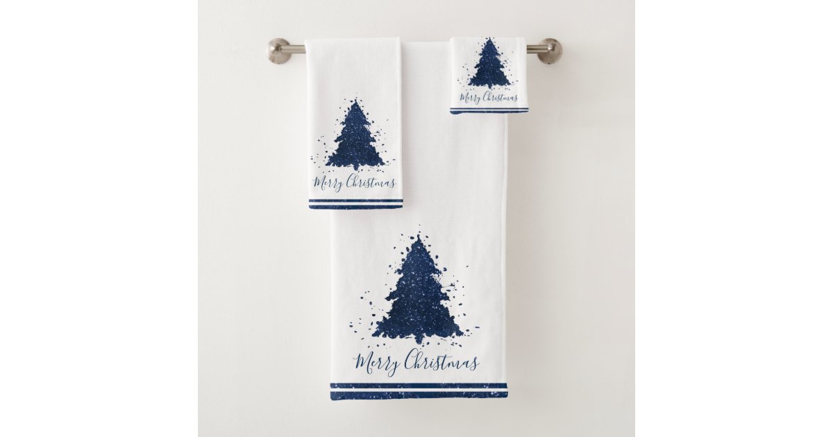 Tree Flair Decor Classic Navy Blue Xmas Holiday Bath Towel Set