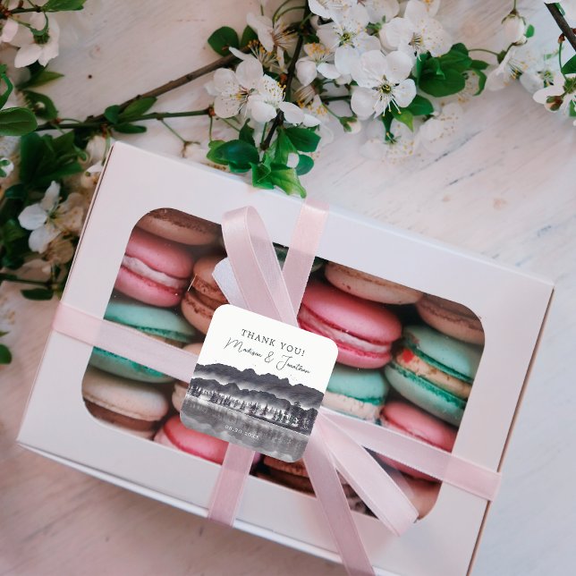 Tree Forest Mountain Black & White Thank You Favor Square Sticker (Creator Uploaded)