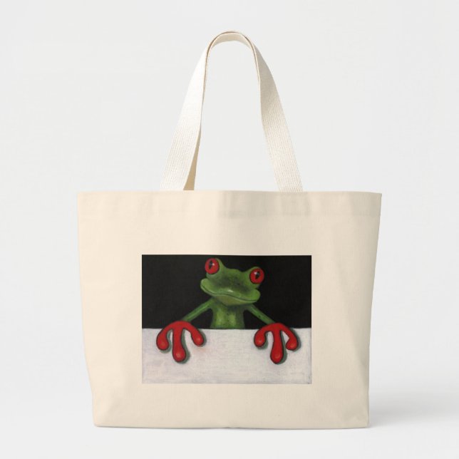 TREE FROG HOLDING SIGN: YOU PICK WORDING LARGE TOTE BAG (Front)