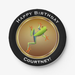 Tree Frog on Faux Gold Happy Birthday with Name Paper Plates