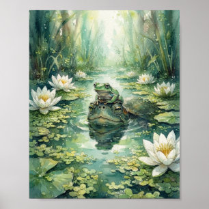Tree Frog on Turtle Snout Watercolor Pond Water Li Poster