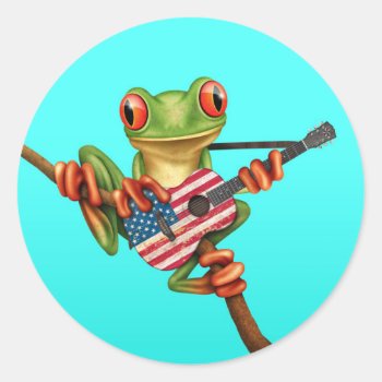 Tree Frog Playing American Flag Guitar Blue Classic Round Sticker by crazycreatures at Zazzle