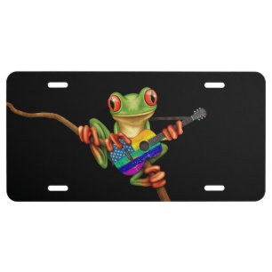 Tree Frog Playing American Rainbow Guitar Black License Plate
