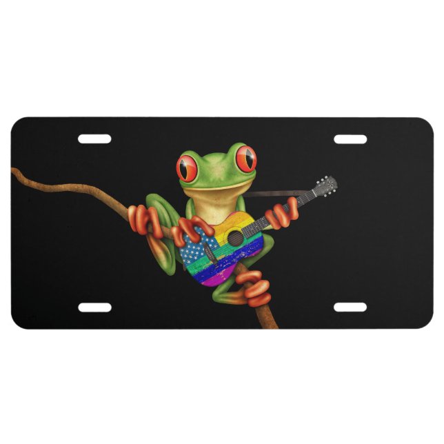 Tree Frog Playing American Rainbow Guitar Black License Plate (Front)