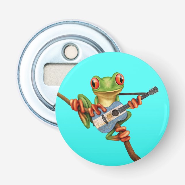 Tree Frog Playing Argentinian Flag Guitar Blue Bottle Opener (Front)