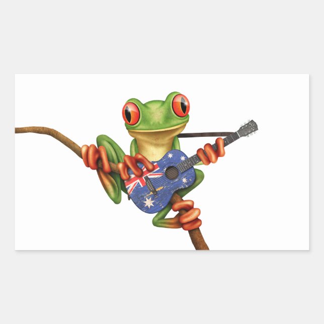 Tree Frog Playing Australian Flag Guitar White Rectangular Sticker (Front)