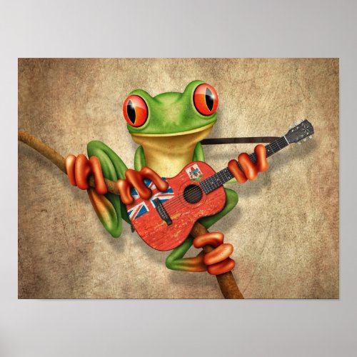 Tree Frog Playing Bermuda Flag Guitar Poster