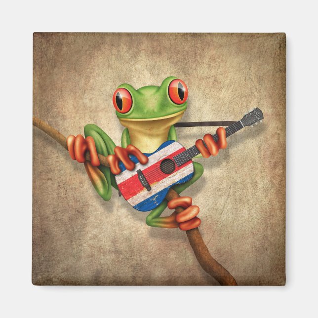 Tree Frog Playing Costa Rica Flag Guitar Magnet (Front)
