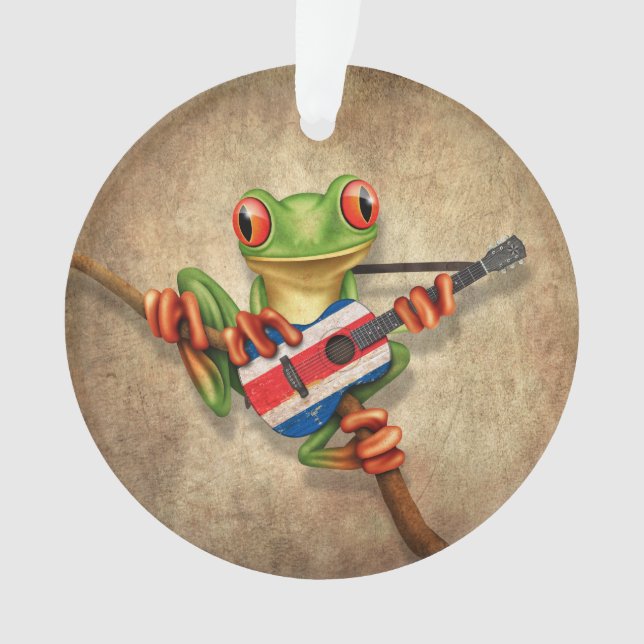Tree Frog Playing Costa Rica Flag Guitar Ornament (Front)