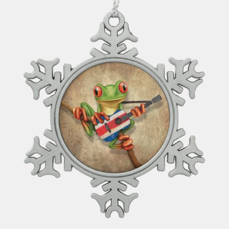 Tree Frog Playing Costa Rica Flag Guitar Snowflake Pewter Christmas Or