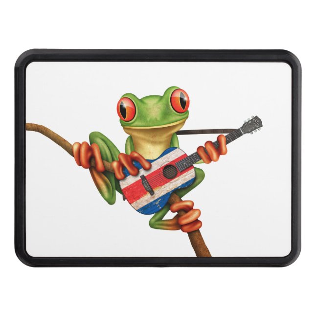 Tree Frog Playing Costa Rica Flag Guitar White Tow Hitch Cover (Front)