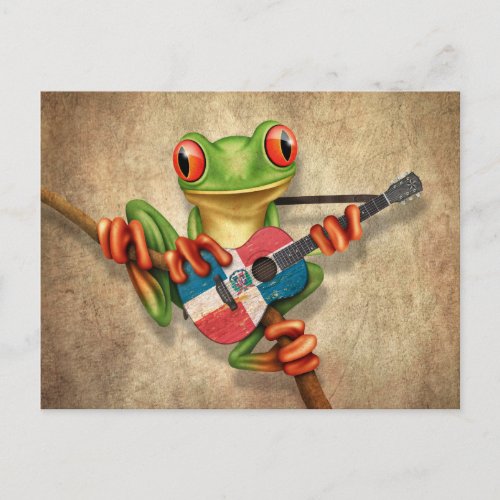 Tree Frog Playing Dominican Flag Guitar Postcard