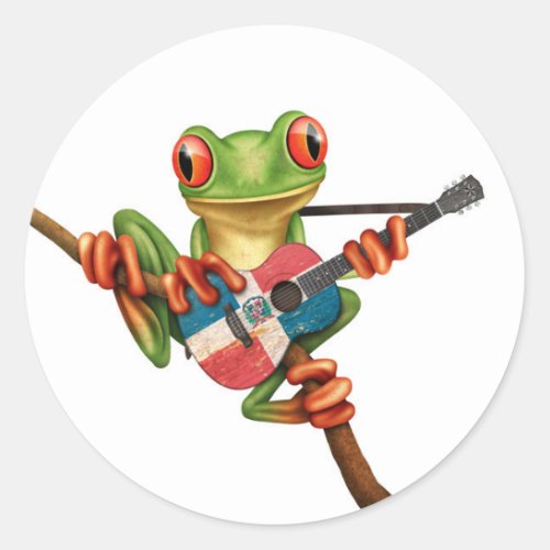Tree Frog Playing Dominican Flag Guitar White Classic Round Sticker