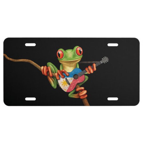 Tree Frog Playing Filipino Flag Guitar Black License Plate