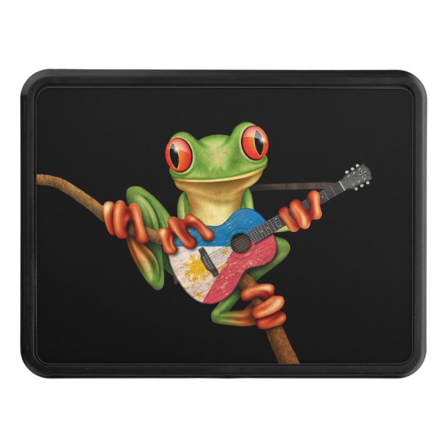 Tree Frog Playing Filipino Flag Guitar Black Trailer Hitch Cover (Front)