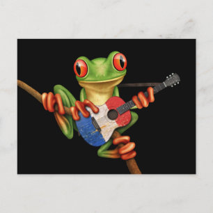 Tree Frog Playing French Flag Guitar Black Postcard
