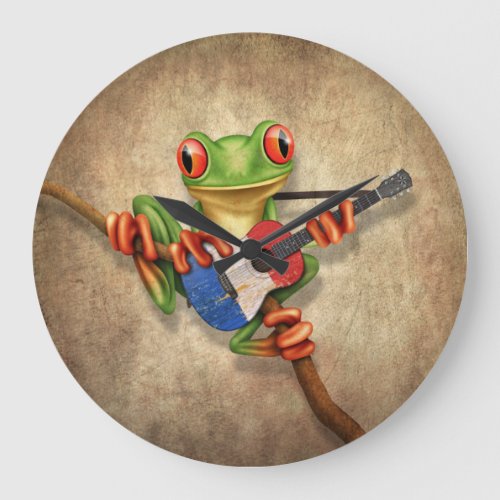 Tree Frog Playing French Flag Guitar Large Clock