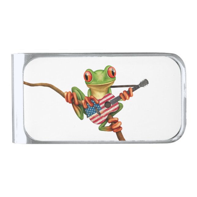 Tree Frog Playing Georgian Flag Guitar White Silver Finish Money Clip (Front)