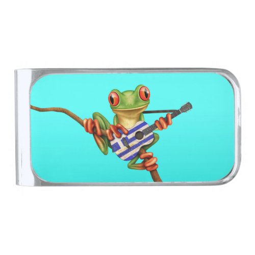 Tree Frog Playing Greek Flag Guitar Blue Silver Finish Money Clip