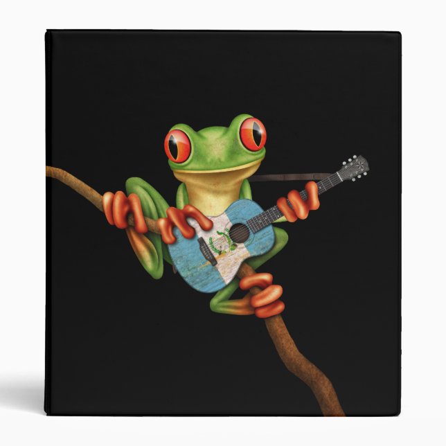 Tree Frog Playing Guatemalan Flag Guitar Black Binder (Front)