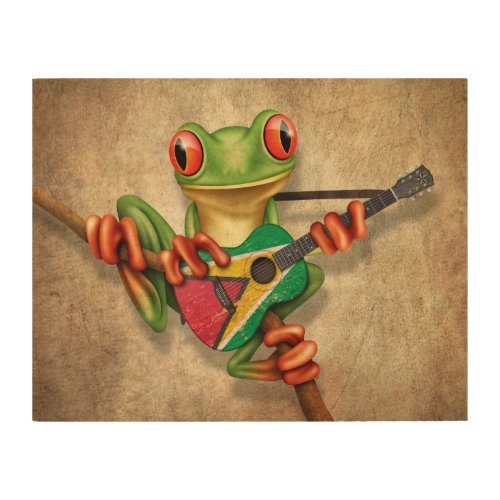 Tree Frog Playing Guyana Flag Guitar Wood Wall Decor
