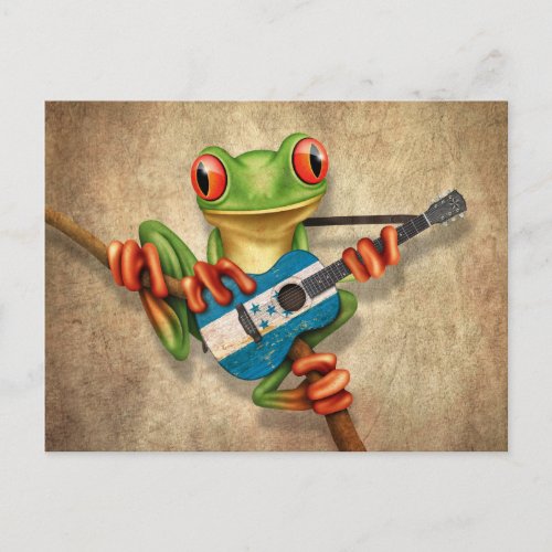 Tree Frog Playing Honduras Flag Guitar Postcard