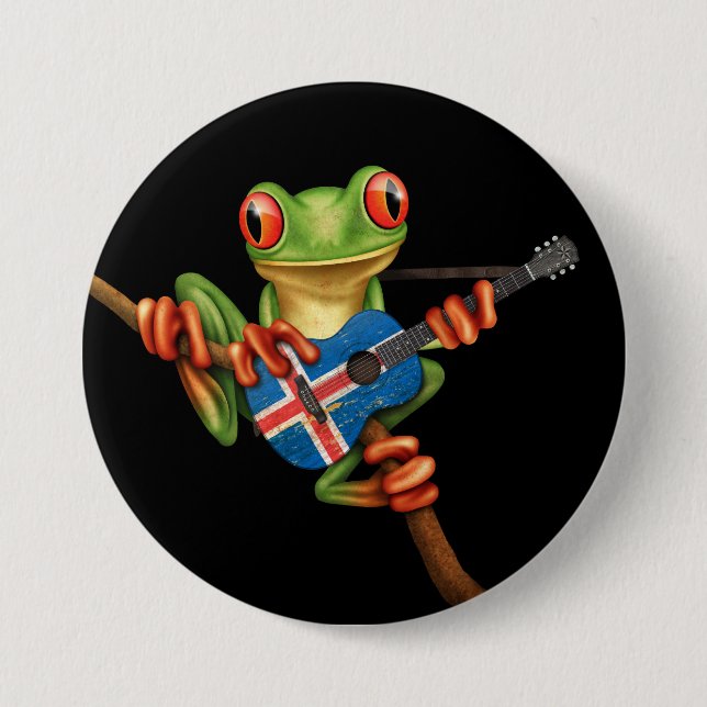 Tree Frog Playing Icelandic Flag Guitar Black Pinback Button (Front)