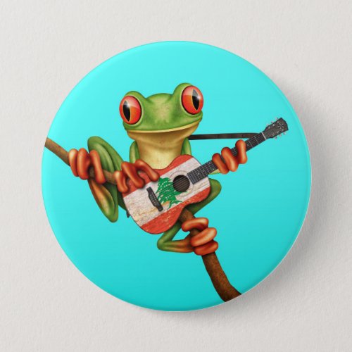 Tree Frog Playing Lebanese Flag Guitar Blue Pinback Button