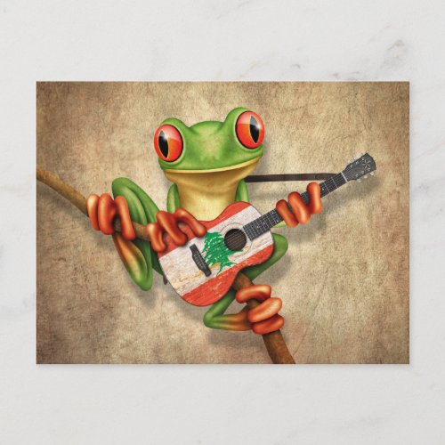Tree Frog Playing Lebanese Flag Guitar Postcard