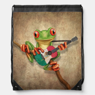 Tree Frog Playing Mexican Flag Guitar Drawstring Bag